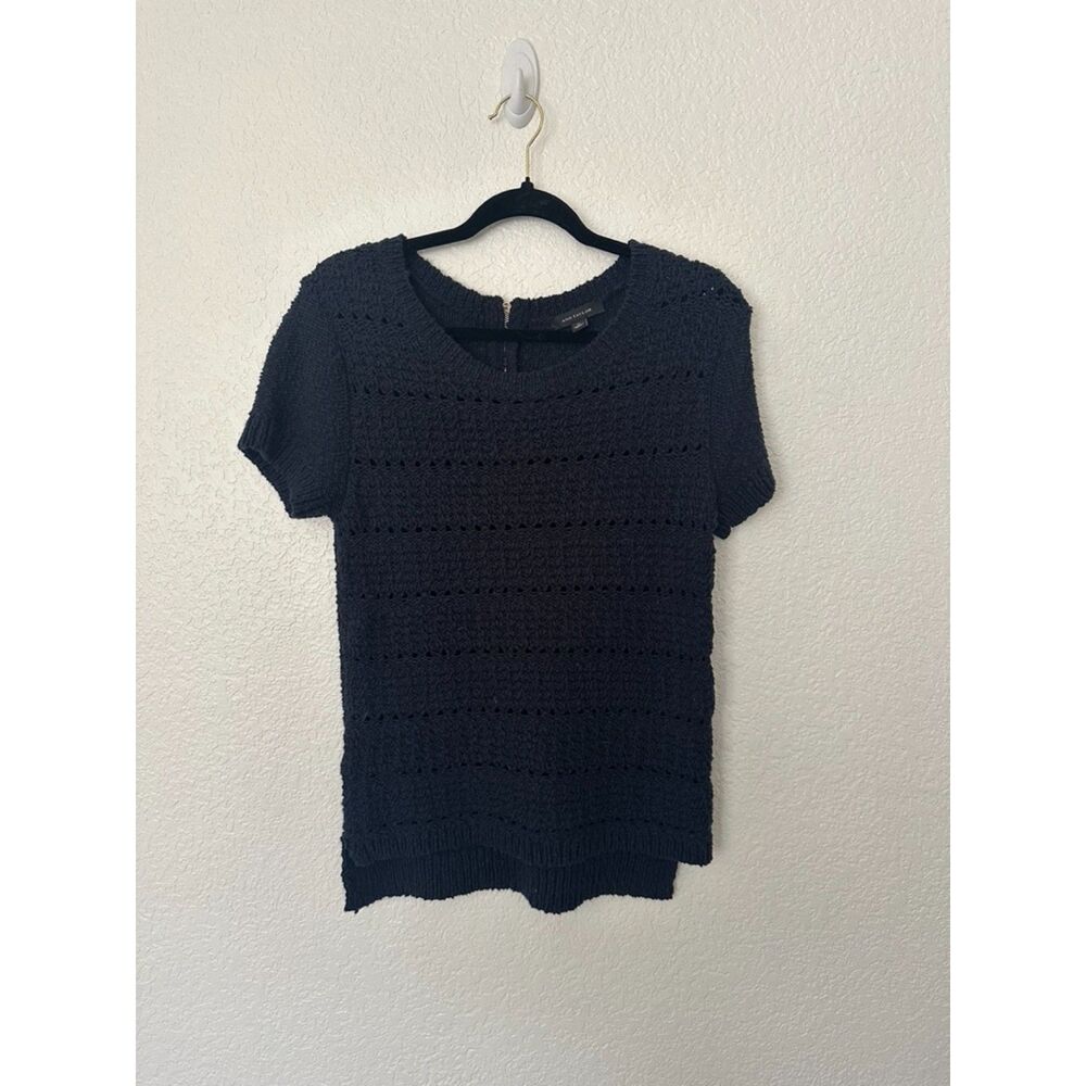 Ann Taylor Open-Knit Cotton Crewneck Sweater Knit Top Midnight Blue Size Medium